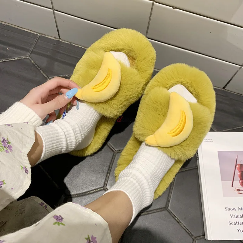 

Сланцы женские зимние меховые, плоская подошва, без застежки, плоская подошва, плюшевые шлепанцы с фруктами, теплые домашние тапочки, домашн...