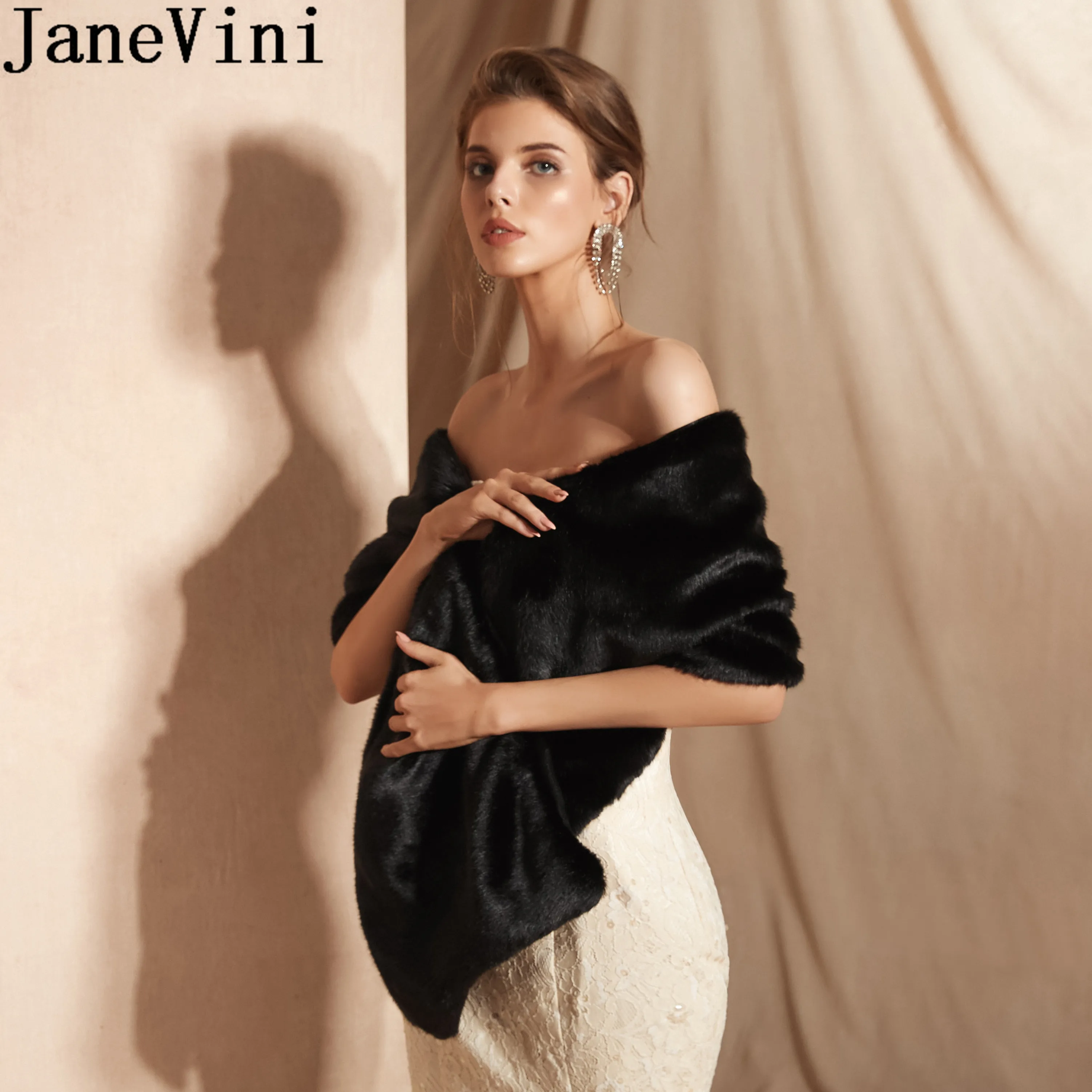 JaneVini черное меховое Болеро для невесты накидки зимняя Свадебная шаль накидка