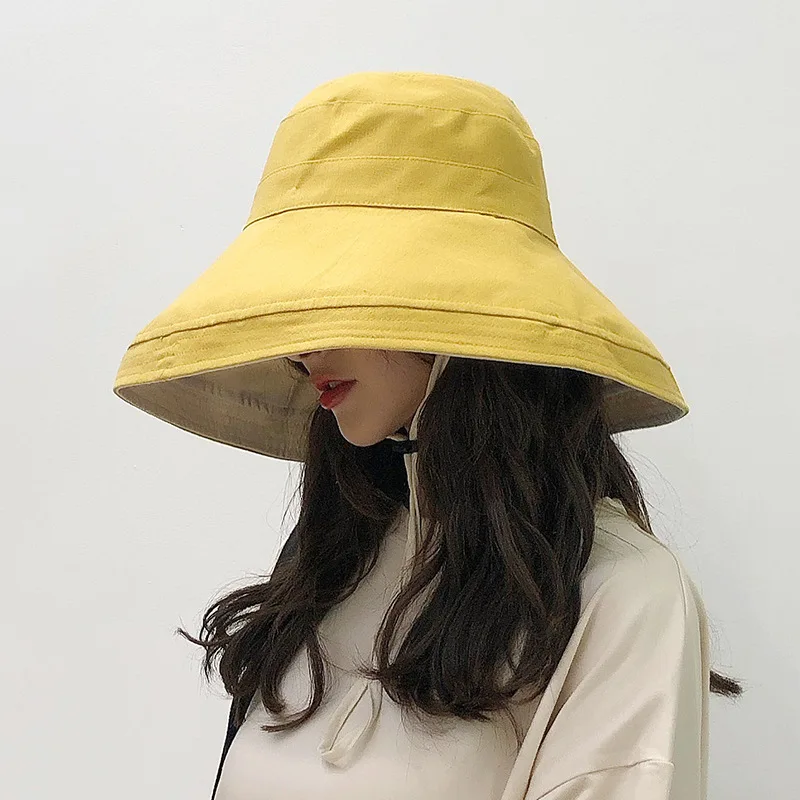 

Y213 Sunscreen Fisherman Hat Female Summer Cotton And Linen Wild Big Eaves Sunshade Double-Sided Solid Color Basin