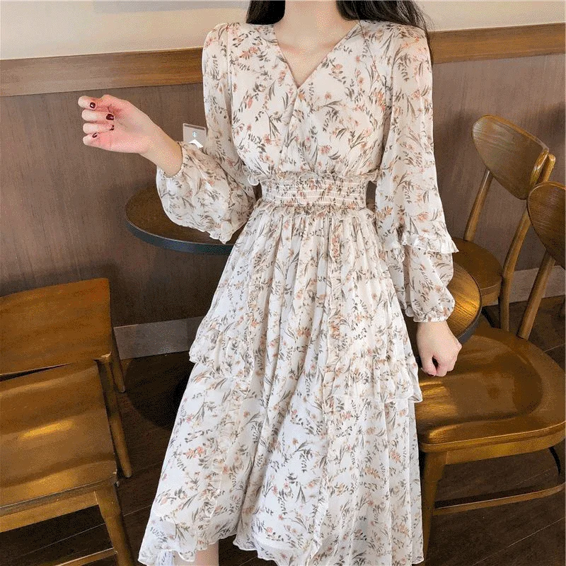 

Aesthetic Clothes Dress Spring 2021 Korean Fashion CottageCore Fairy Long-Sleeved Dress Elegant Vintage Long Skirt Dropshipping