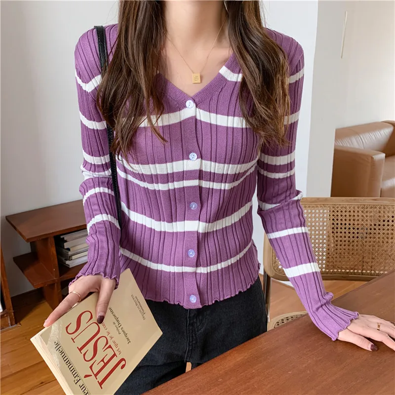 

Striped Knitted Spring T-Shirts Women Long Sleeve Vintage Slim Shirts Tops Single Breasted Casual Autumn Knitwear Gray Z808