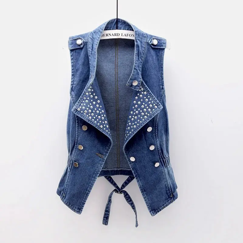 

Rivet Denim Vest Women Elastic Waist Slim Sleeveless Jacket Coat Summer Korean Double Breasted Short Jeans Vest Female Waistcoat