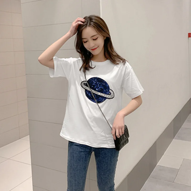 

2020 New Women T-shirts Casual Harajuku Planet Sequins Tops Tee Summer Female T shirt Short Sleeve T shirt For Women Clothing