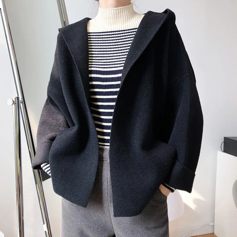 

Lazy Hooded Sweater Knitted Cardigan Coat Autumn Winter 2021 New Short Cashmere Like Coat Ss135