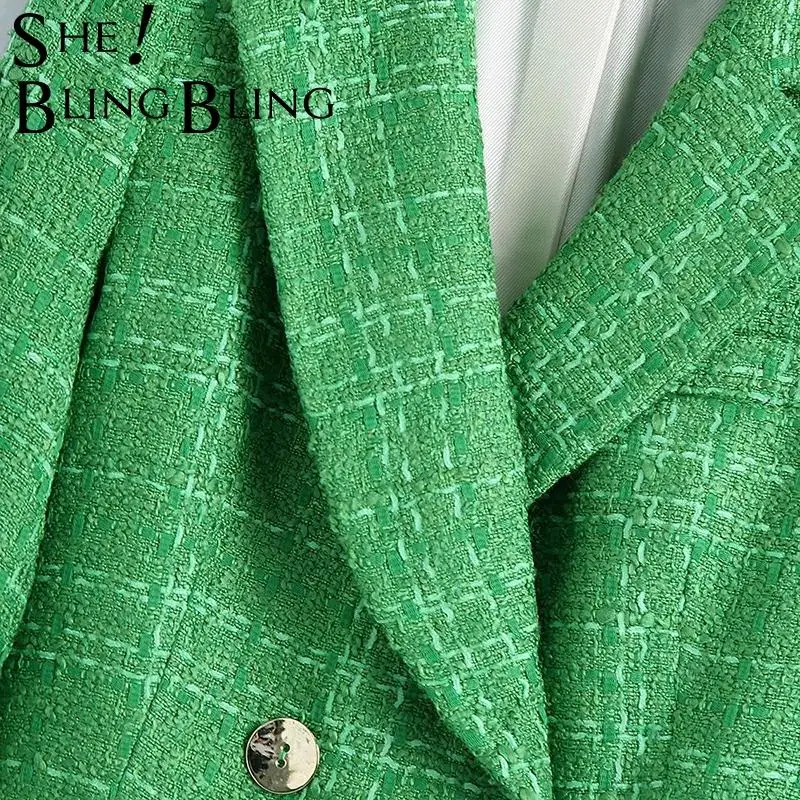 SheBlingBling 2021 Za женский простой зеленый твидовый приталенный комплект из 2 предметов