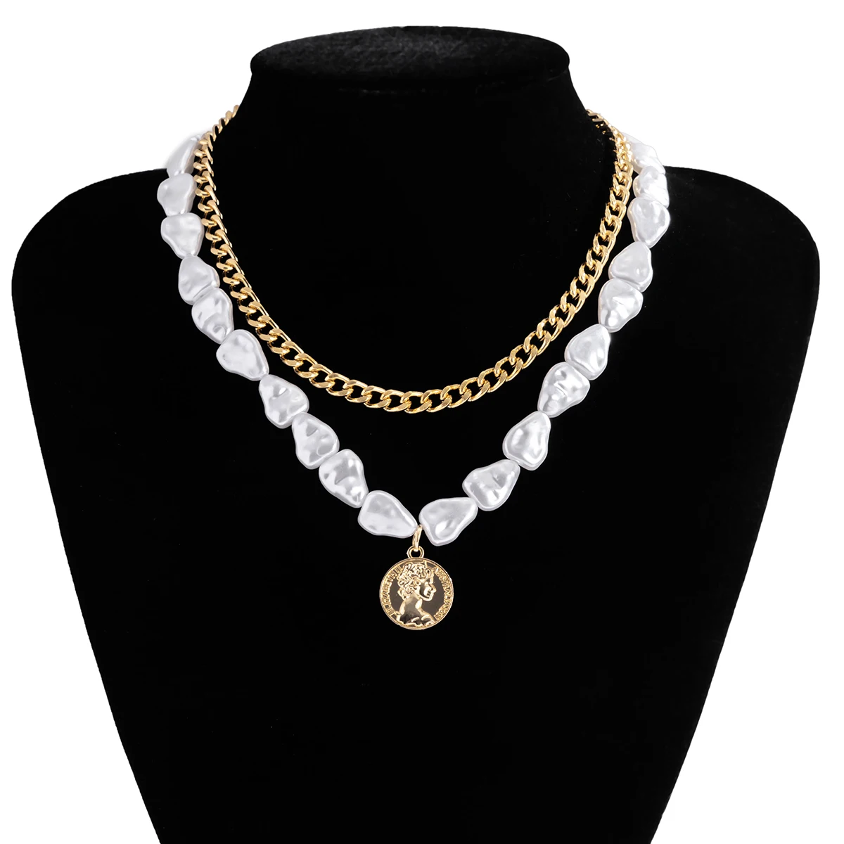 

2Pcs/Set Goth Irregular Baroque Pearl Chain Necklace for Women Bridal Wedding Punk Unique Coin Pendant Choker Necklaces Jewelry