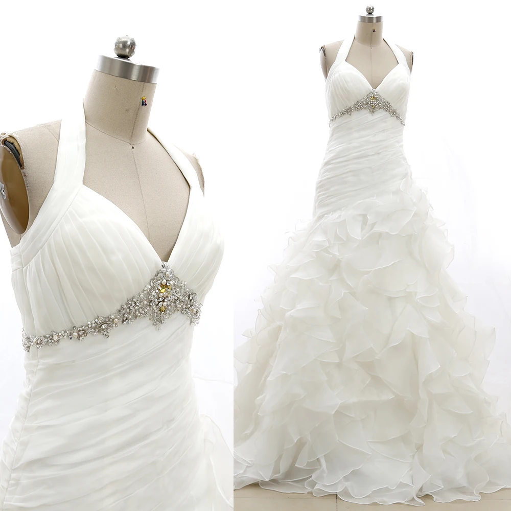 

White M Sexy Women Organza Crystal A-Line Long Crystal Halter Dresses 20210222-053