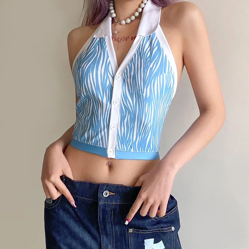 

Sexy Women Tank Tops Slim Button V-Neck Backless Splicing Vest Sleeveless Color Contrast Camisole Casual Summer Fashion 2021