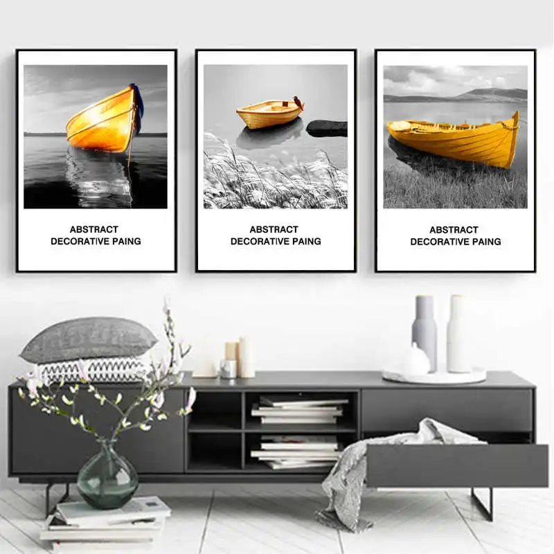 Абстрактная Желтая Лодка на стену Художественная Картина холсте черный белый