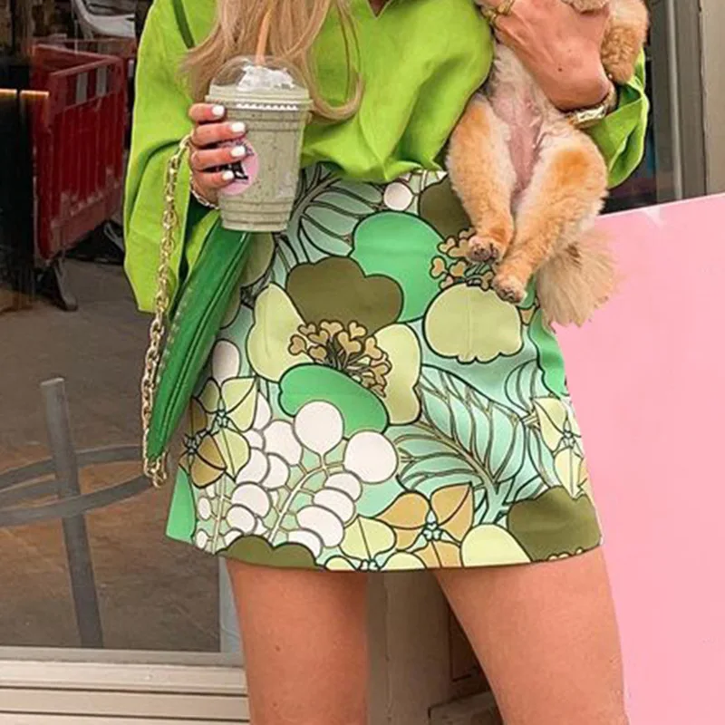 

ArtSu High Waist Mini Skirts 2021 Summer Women Floral Print Bottom Streetwear Beach Zipper A Line Short Skirts Female SK52168