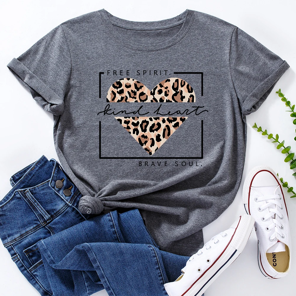 

Leopard Love Heart Free Kind Spirit Brave Soul T-Shirt Funny Shirts for Women Female Graphic Tee Short Sleeve Summer Shirts Tops