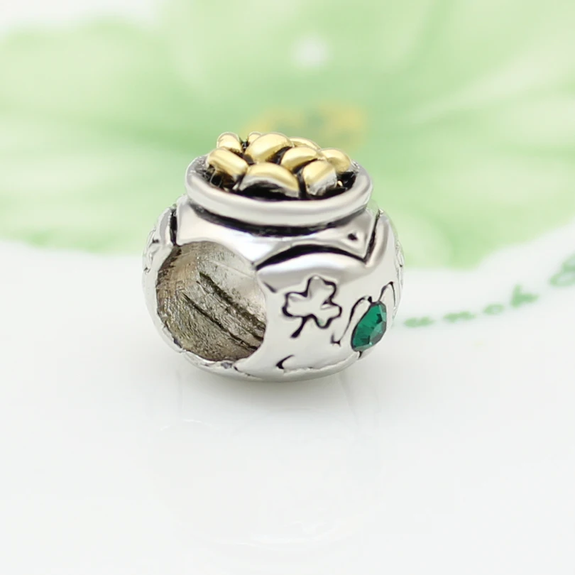 Бесплатная доставка золотой кувшин в форме клевера бусина-Шарм с зелеными