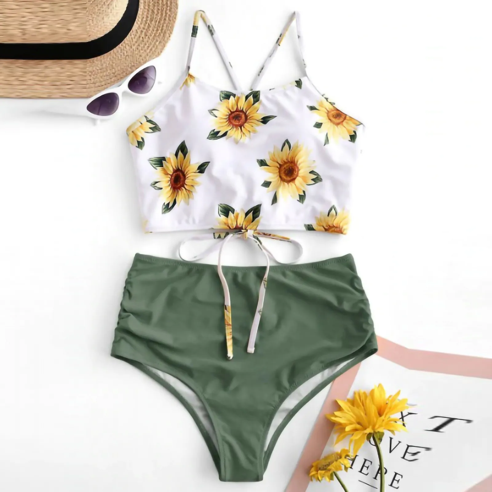 Купальник женский с высокой талией классический бандажный бикини однотонный