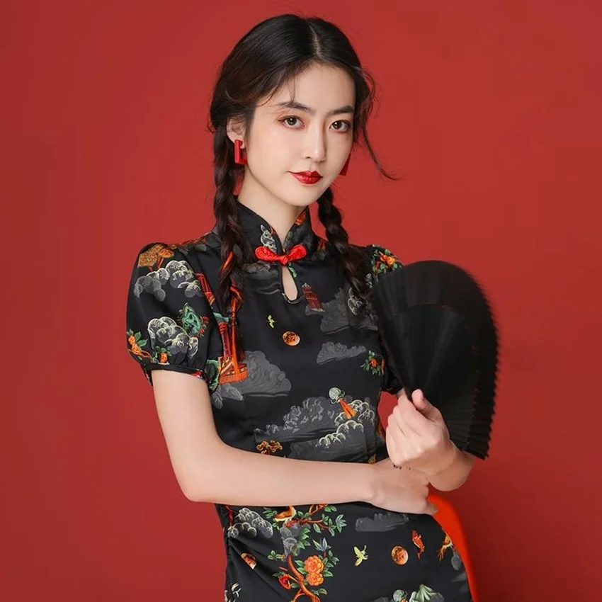 

Chinese Dress Traditional Black Printing Satin Modern Cheongsam Slim Sexy 2021 New Fashion Evening Party Gown Wedding Dresses