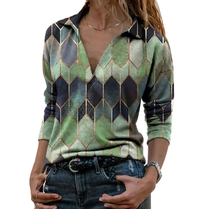 

New Fashion Women Long Sleeve V Neck Geometric Print Vintage Loose Shirt Spring Casual Pullover Ladies Elegant Tops Plus Size