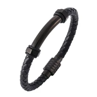 fashion black braided leather men bracelet stainless steel magnet clasp leather bangle male jewelry punk christmas gift pd516