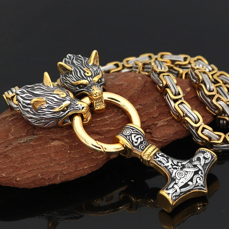 

[316L Stainless Steel] 2021 New Fashion Nordic Domineering Viking Wolf Head Thor's Hammer Men's Pendant Necklace Jewelry Gift