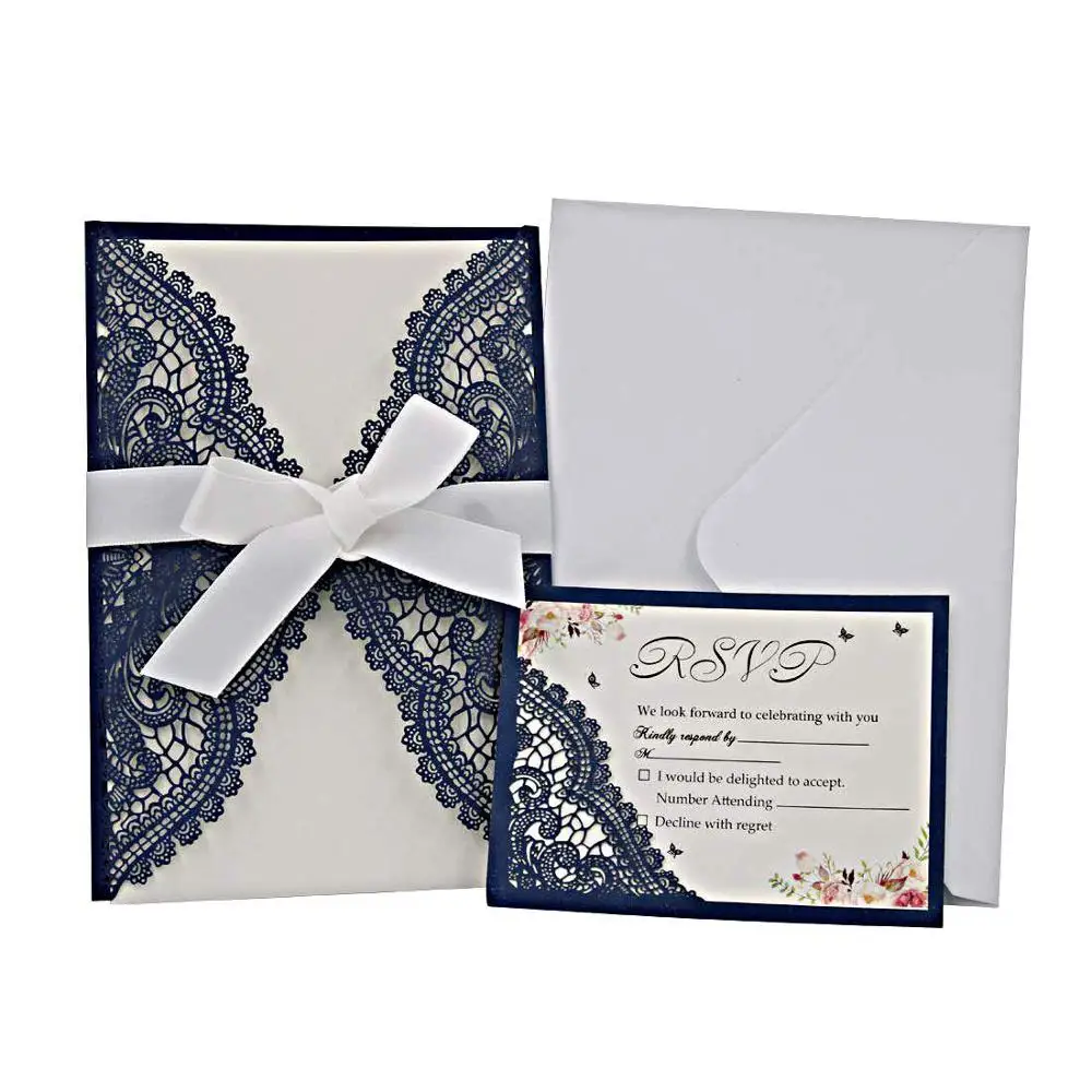 

(100 pieces/lot) Navy Lace Muslim Wedding Invitation Card Personalized Print Birthday Marriage Invitations With RSVP Card IC141
