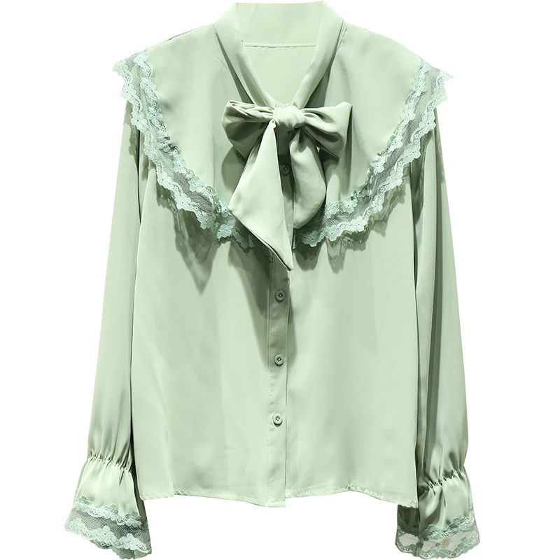 

bow neck chiffon ruffles women shirts 2020 summer new lace patchwork solid green office lady elegant shirts outwear tops