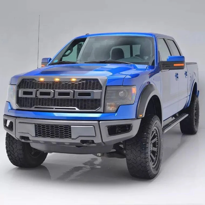 4X4 Car Pickup Raptor Style Front Bumper Grille Fit Ford F150 2009-2014 Grey Racing Grills With LED Hood Mesh images - 6