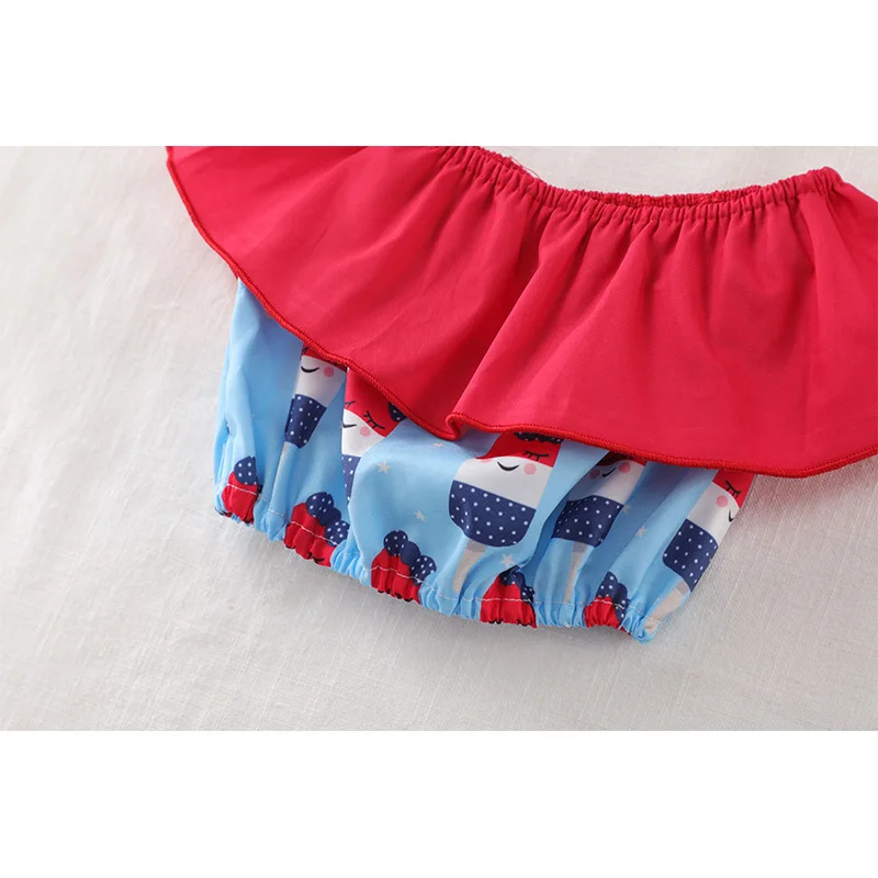 

Cute girl baby summer ice cream style red and blue one-shoulder top + blue shorts + bow three-piece suit