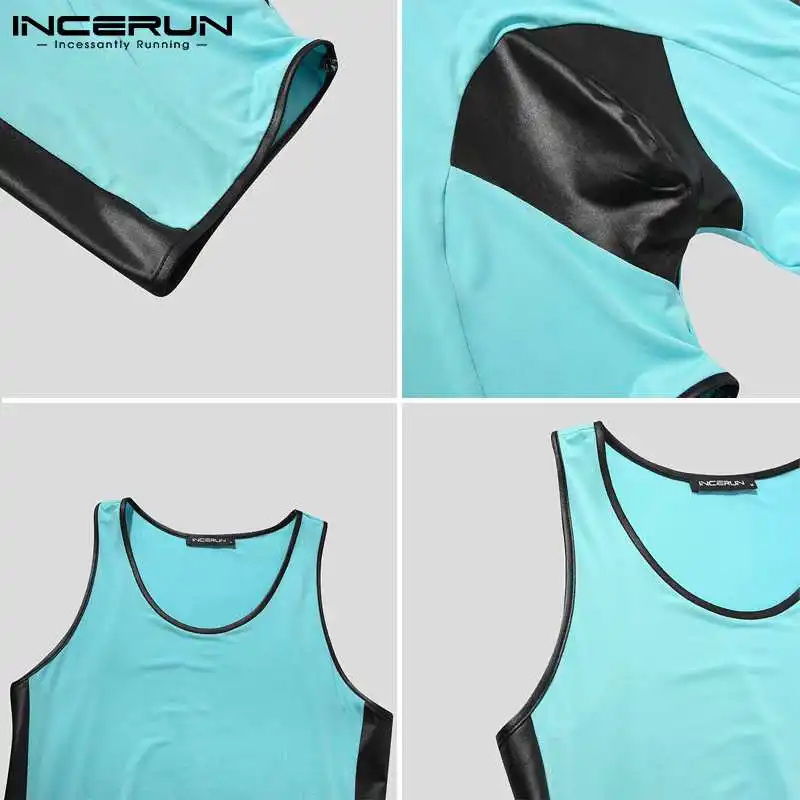 

Fashion Men Pajamas Rompers Patchwork O Neck Sleeveless Fitness Sexy Jumpsuit Cozy Men Bodysuit Nightwear Homewear S-5XL INCERUN