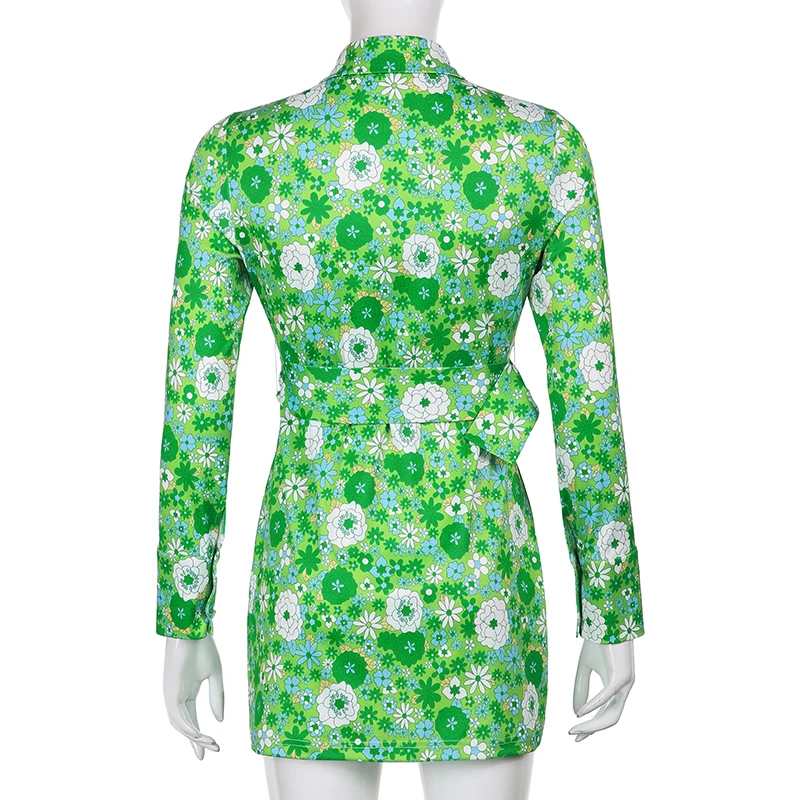 

With Belt Floral Shirt Dress Women Harajuku Elegant Button-up Mini Dresses Casual Long Sleeve A Line Retro Robe Autumn Iamhotty