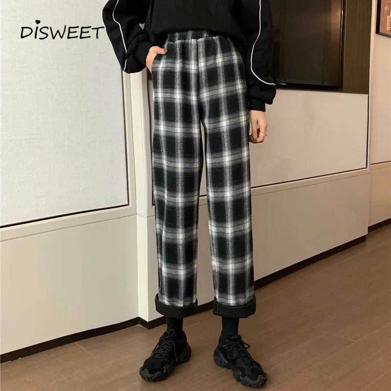 

Plaid Printed Loose Pants Woman Vintage High Waist Thickened Straight-leg Pants Women Elastic Waist Warm Slim Pants Women's