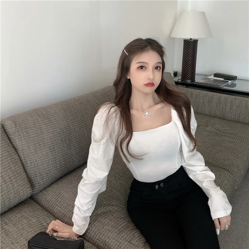 

Французская верхняя одежда в гонконгском стиле, футболка с длинным рукавом, осень/зима 2020, новый дизайн, чувственный квадратный воротник