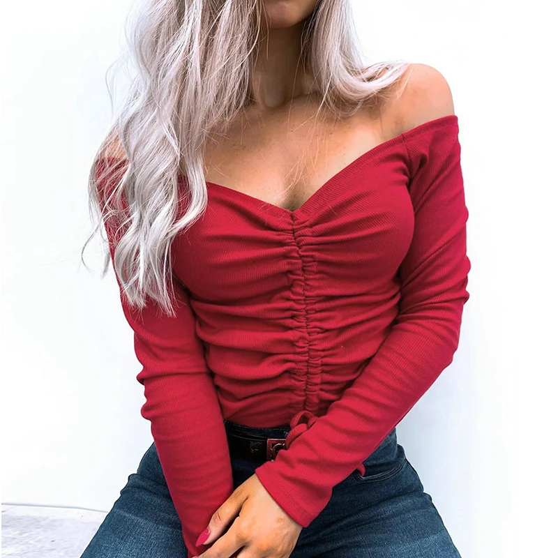 2020 модная сексуальная однотонная облегающая женская блузка с длинным рукавом и