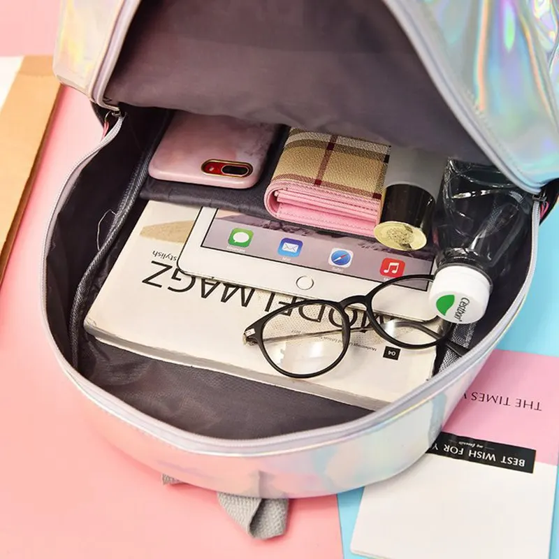 

School Bags For Girls Leather Student Bag Fashion Women Hologram Laser Backpack Hip-hop Style Embroidery Letters Crybaby M331