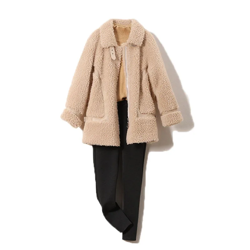 Зимнее пальто из овечьей шерсти куртка в гранулах женское короткое с красными