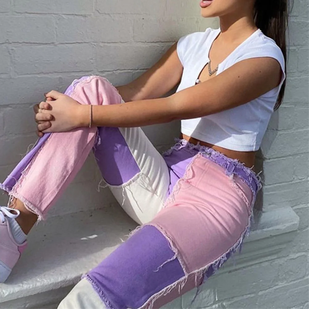 Для женщин 90s джинсы лоскутное стройная фигура с высокой талией y2k в стиле