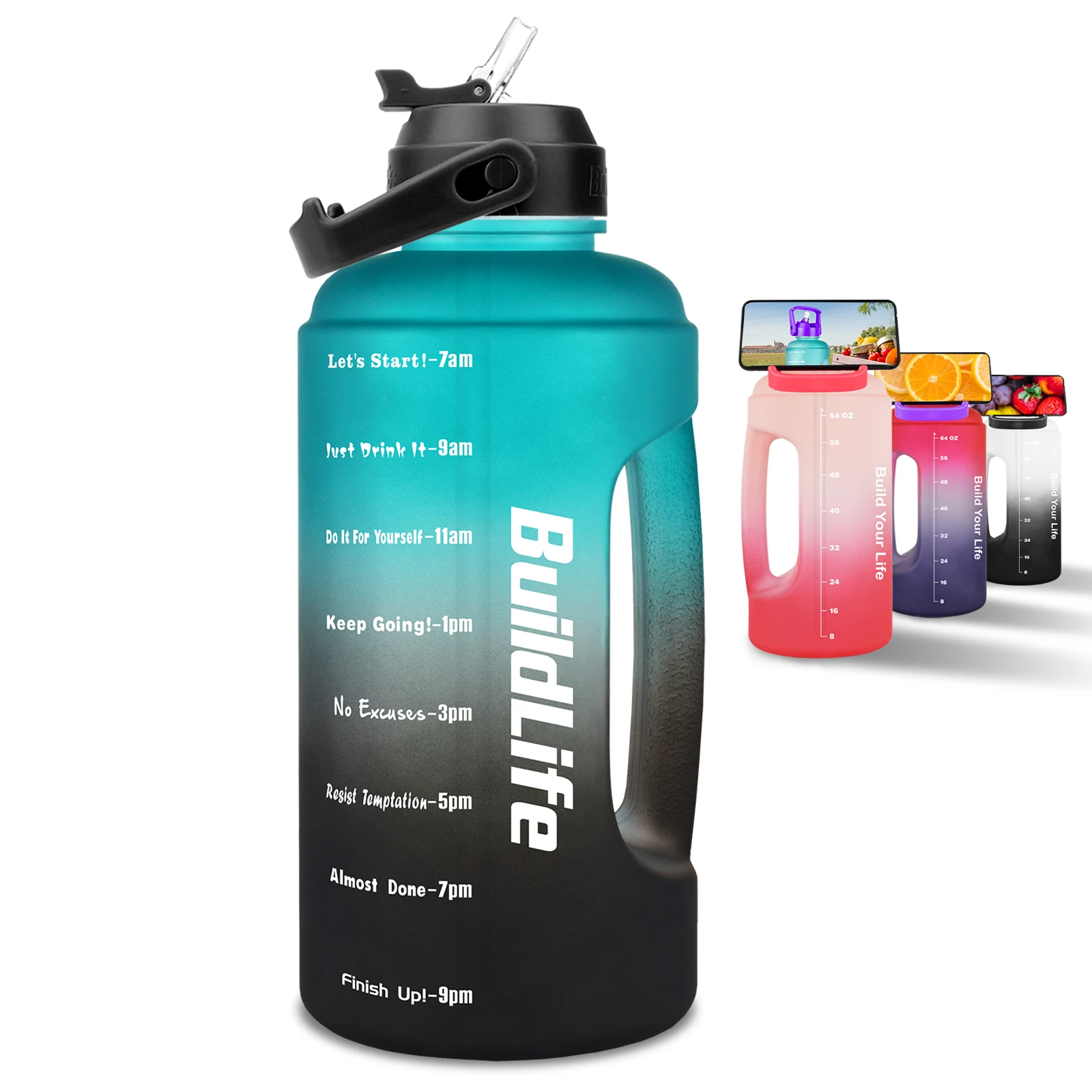 BuildLife Motivational Water Bottle with Straw 2.2L 73 OZ Half Gallon BPA Free Large Drinking Jug with Time Markings
