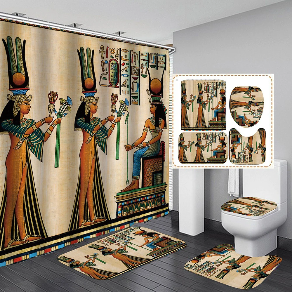 ancient egyptian women shower curtain polyester fabric 4 piece bathroom diy decor retro design carpet cover toilet mat free global shipping