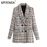 kpytomoa women 2021 fashion double breasted tweed check blazers coat vintage long sleeve pockets female outerwear chic tops