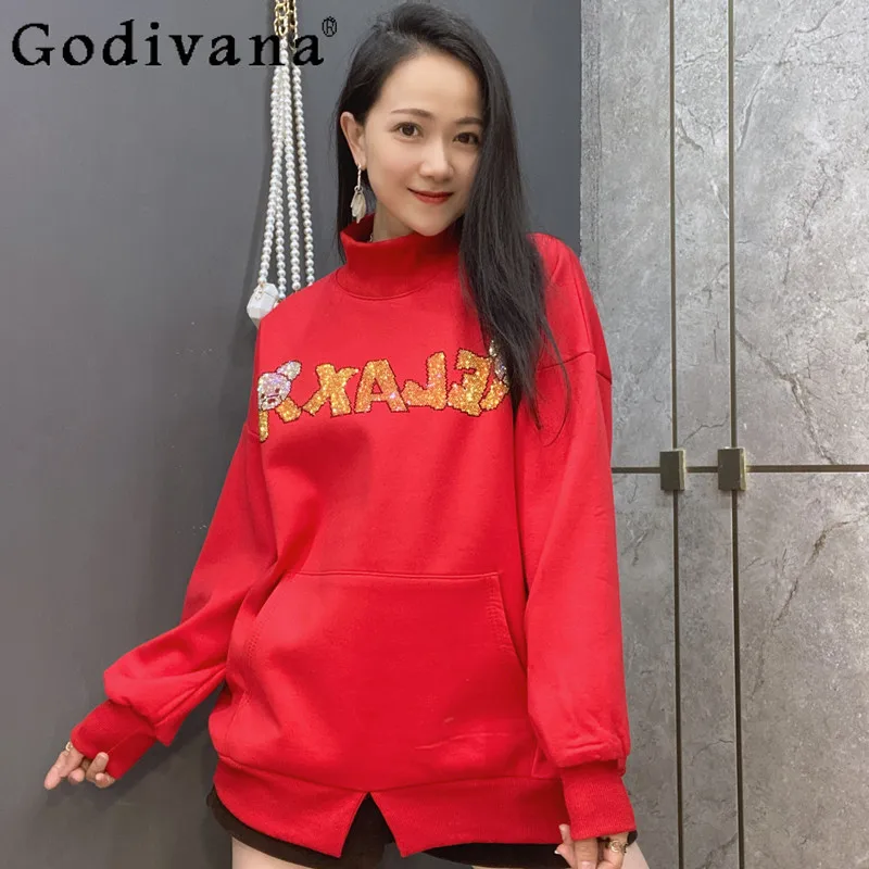 

2021 Winter New Turtleneck Pullover Coat for Ladies Cartoon Pattern Rhinestone Coat Fashion High Collar Thick Loose Top Women
