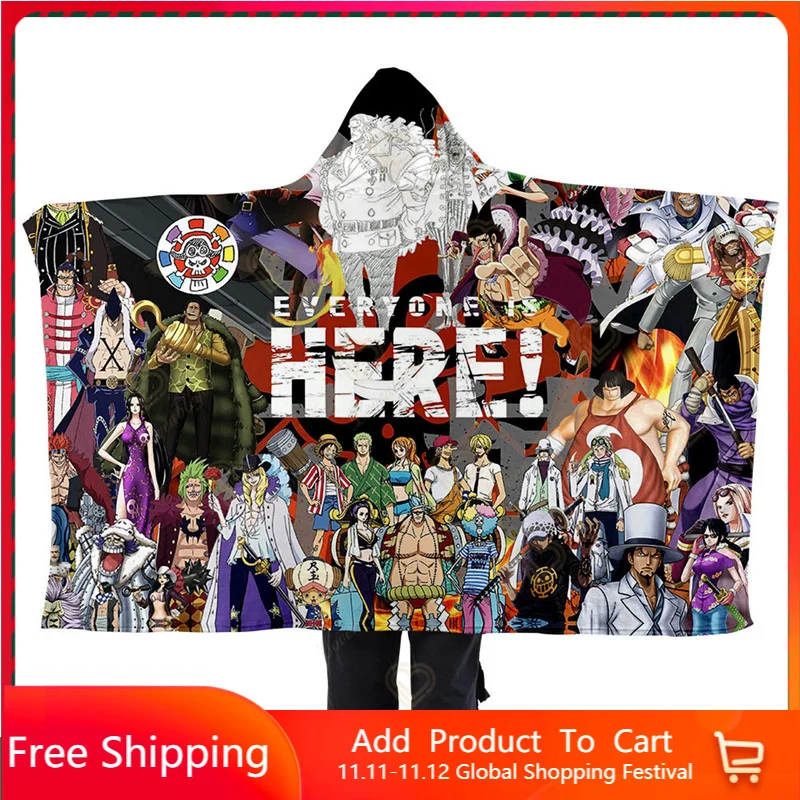 

Fashion Anime One Piece Luffy 3D Printed Hooded Flannel Blankets Adult Sofa Travel Teens Women Men Casual Student Blanket