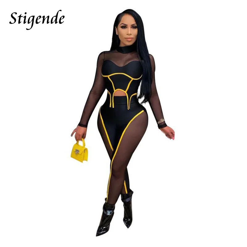 

Stigende Women Mesh Patchwork Two Piece Trouser Set Sexy See Through Long Sleeve Crop Top and Pants 2 Pcs Skinny Club Outfits