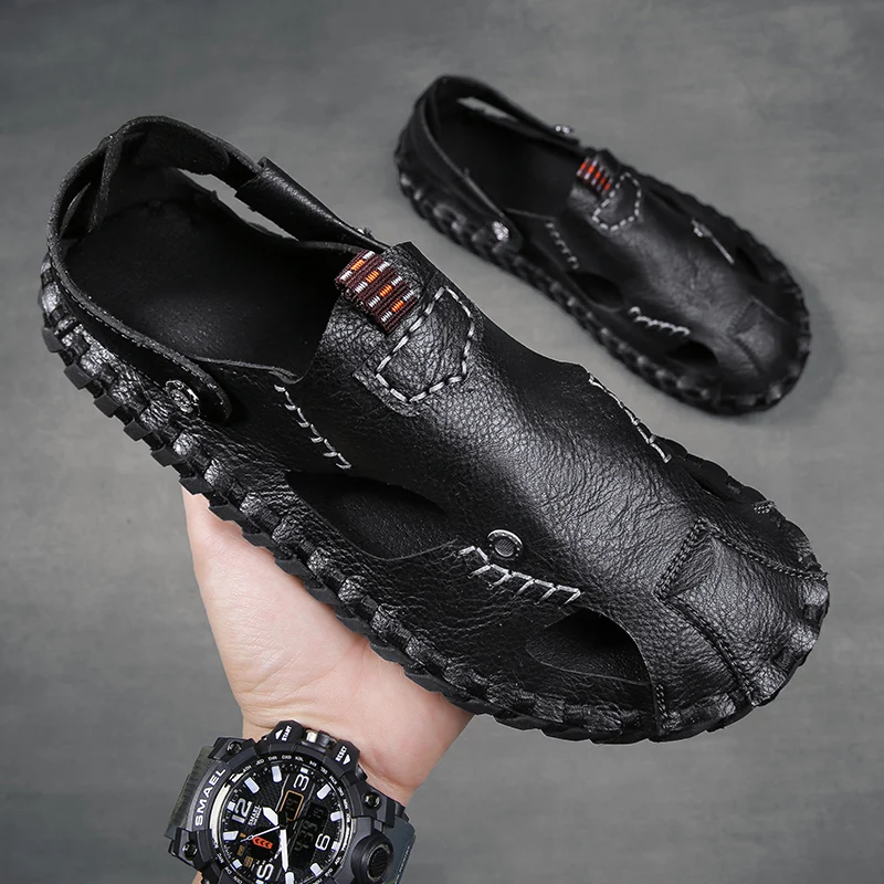 

CYYTL Men Leather Sandals for Outdoor Walking Beach Sports Fisherman Buckle Summer Slippers Handmade Closed-toe Slides Shoes