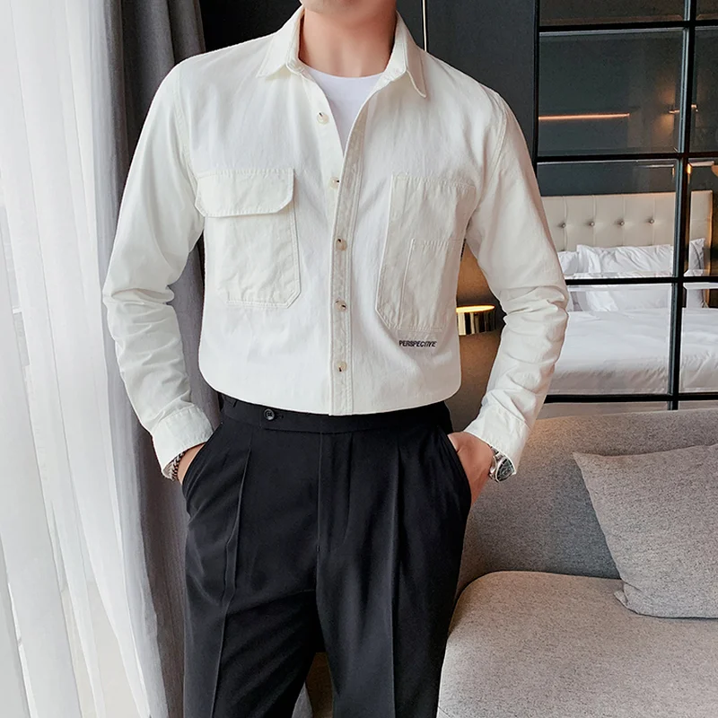 2021 Solid Color Korean Fashion Men's Shirt Autumn Long Sleeve Casual Shirts Loose Street Tops Social Party Camisas Masculina