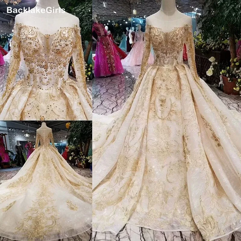 Свадебное бальное платье цвета шампанского и золотого свадебное с круглым