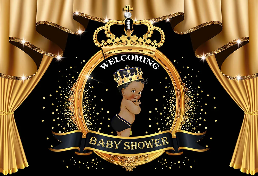 

7x5FT Black Gold Prince Baby Shower Bash Crown Curtain Frame Custom Photo Studio Backdrop Background Vinyl 220cm X 150cm