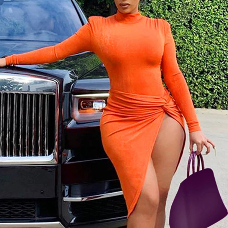 

Kili Spring Fashion Solid Color Round Neck Long Sleeve Irregular Sexy Split Dress Turtleneck Midi Party Dress