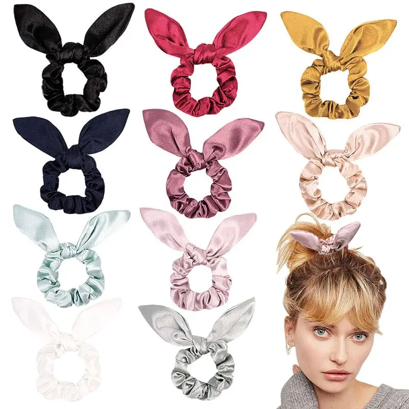 

10Pcs Women Girls Satin Hair Scrunchies Elastic Bands Cute Wired Rabbit Bunny Ears Bow Ties Multicolor Ponytail Holder