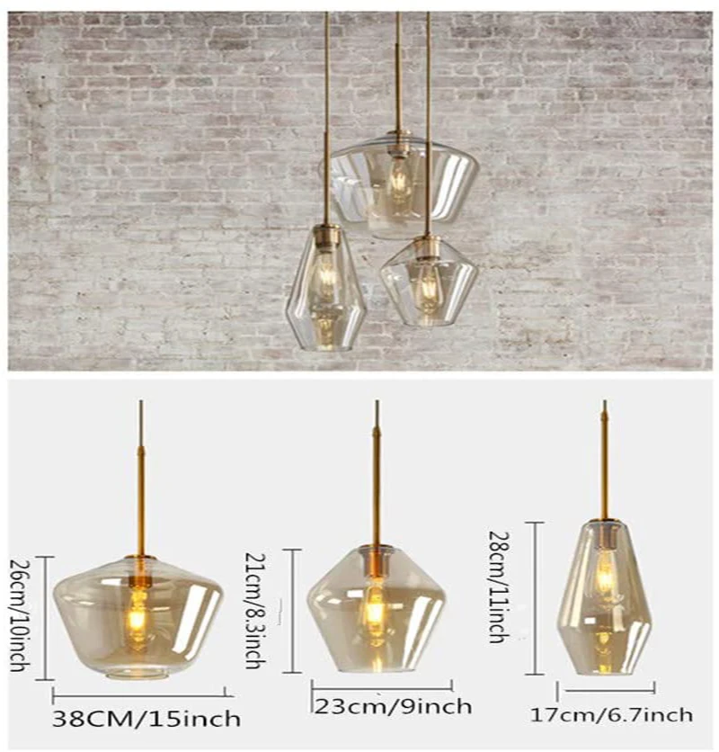 Винтажный подвесной потолочный светильник с 3 стеклянными абажурами коньяк