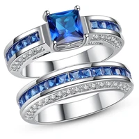 2 pcsset vintage alloy rings set for women pink blue white crystal jewelry birthday promise anniversary ring