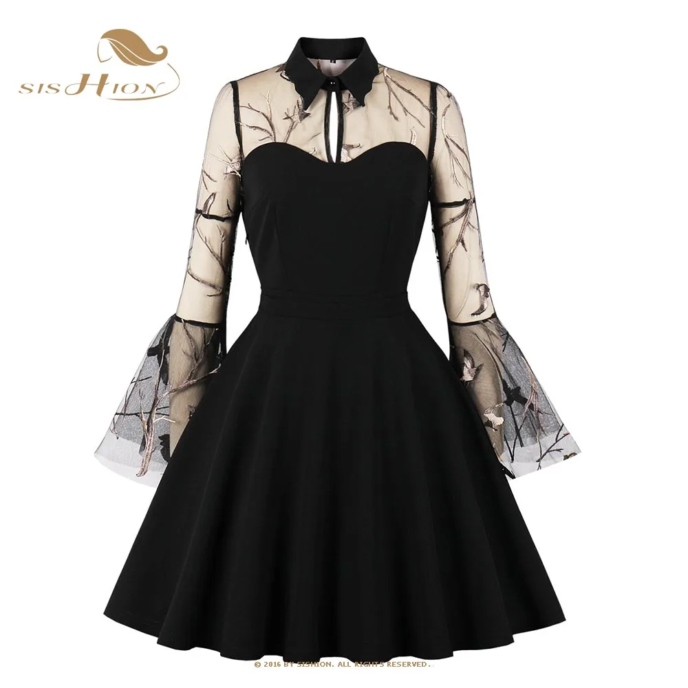 

Женское платье с расклешенными рукавами SISHION VD2374, черное платье для хэллоуивечерние с вышивкой, сексуальные готические платья в стиле ретро