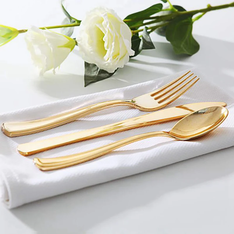 

300 Disposable Gold Tableware Wedding Plastic Tableware Gold Birthday Meal Knife Fork Spoon Tableware Collection