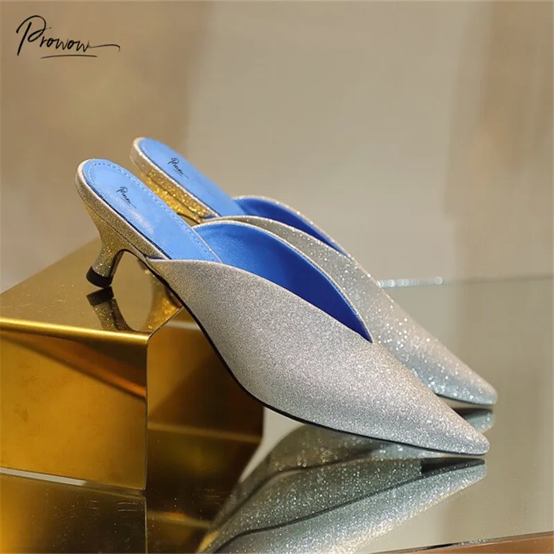 

Prowow New Fashion Style Blingbling Woman Summer Slippers Sexy Pointed Toe Thin Mid Heel Women Shoes Slippers Casual Shoes Woman